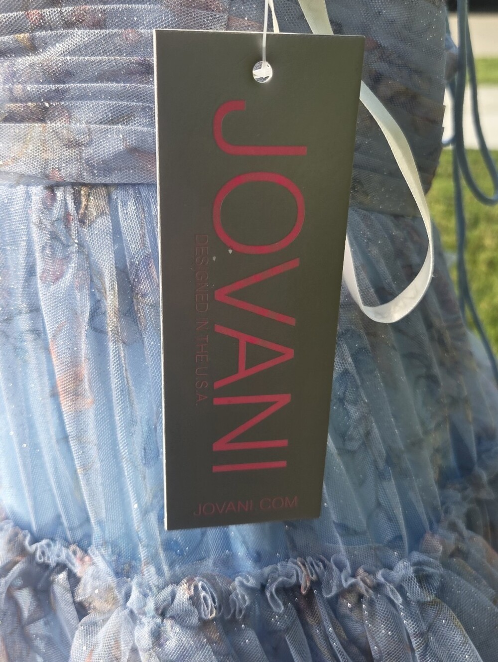 Jovani Dusty Blue Floral Sparkle Spaghetti-Strap Gown - Picture 7 of 11